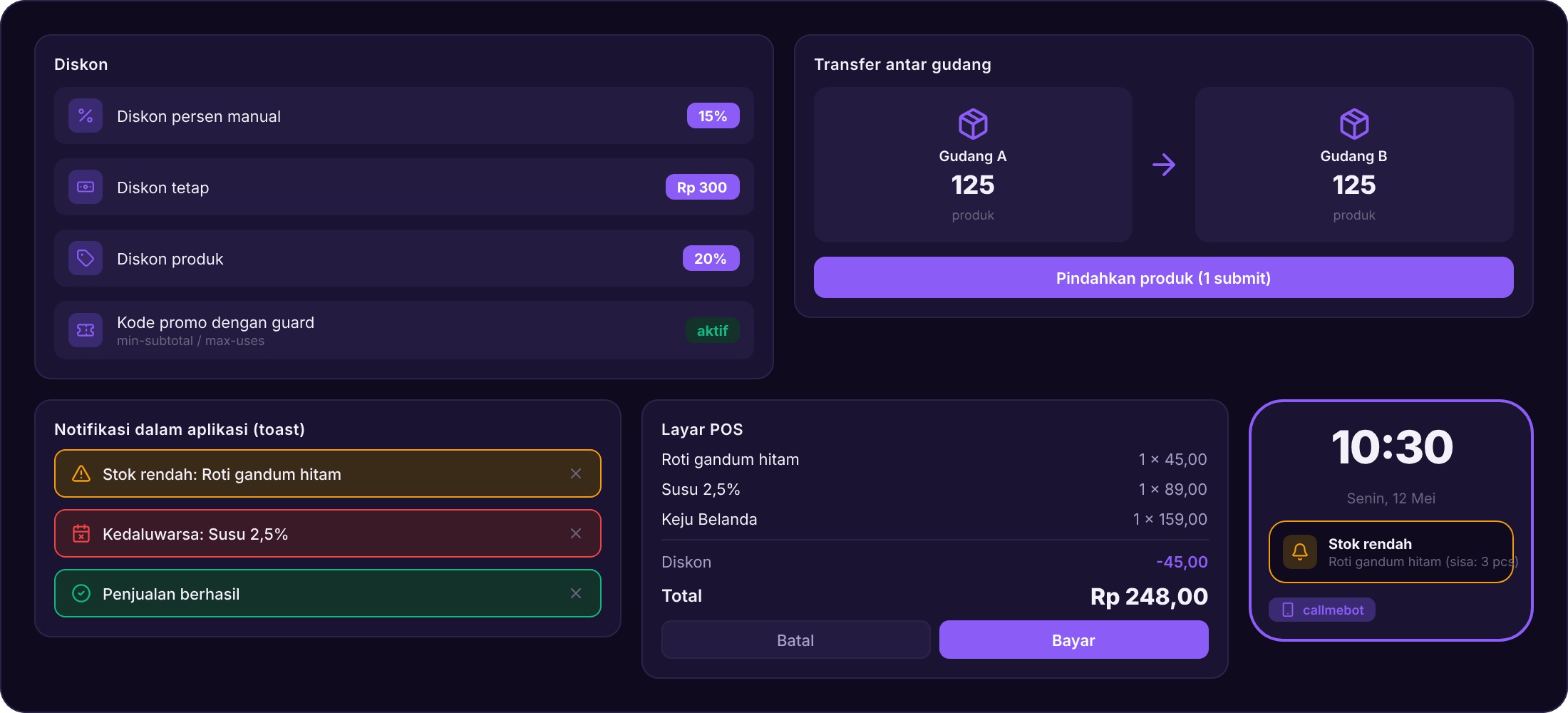 Diskon, transfer, dan notifikasi